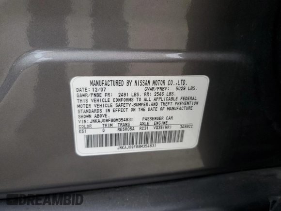 2008 Infiniti EX Journey with VIN JNKAJ09F88M354831, listed as a Copart auction lot 85757174 with 152,376 mi miles and Salvage Title. Bid and sale history available at DreamBid. Image 12.