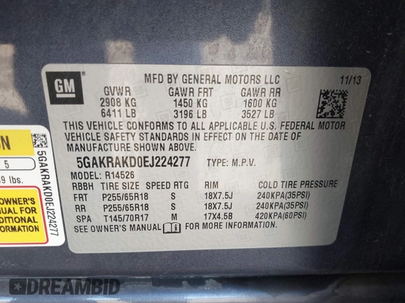 2014 Buick Enclave Convenience with VIN 5GAKRAKD0EJ224277, listed as a IAAI auction lot 42010590 with 110,857 mi miles. Bid and sale history available at carsss.com. Image 9.