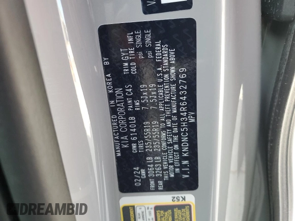 2024 Kia Carnival EX with VIN KNDNC5H34R6432769, listed as a Copart auction lot 49390065 with 11,523 mi miles and Salvage Title. Bid and sale history available at DreamBid. Image 13.