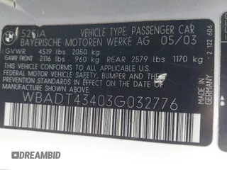 2003 BMW 5 Series 525i z VIN WBADT43403G032776, wystawiony jako IAAI lot #42142615 z przebiegiem Nie podano mil oraz . Historia ofert i sprzedaży dostępna na DreamBid. Obrazek 9.