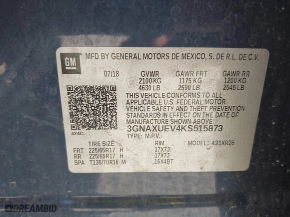 2019 Chevrolet Equinox LT with VIN 3GNAXUEV4KS515873, listed as a IAAI auction lot 40908452 with 114,803 mi miles. Bid and sale history available at carsss.com. Image 9.
