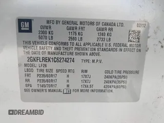 2012 GMC Terrain SLE-1 with VIN 2GKFLREK1C6274274, listed as a IAAI auction lot 42144937 with 82,132 mi miles. Bid and sale history available at carsss.com. Image 9.