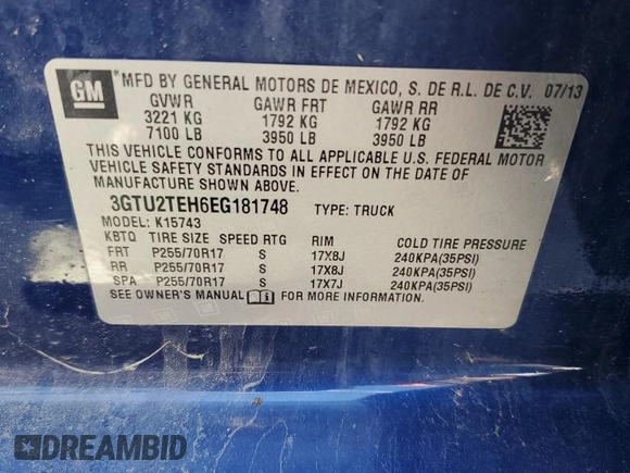 2014 GMC Sierra 1500 with VIN 3GTU2TEH6EG181748, listed as a Copart auction lot 69558664 with 179,106 mi miles and Non Repairable. Bid and sale history available at carsss.com. Image 12.