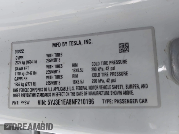 2022 Tesla Model 3 with VIN 5YJ3E1EA8NF210196, listed as a IAAI auction lot 41674407 with 24,270 mi miles. Bid and sale history available at carsss.com. Image 9.