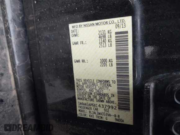 2014 Nissan Maxima SV with VIN 1N4AA5AP6EC437992, listed as a IAAI auction lot 41856233 with 69,059 mi miles and . Bid and sale history available at DreamBid. Image 9.
