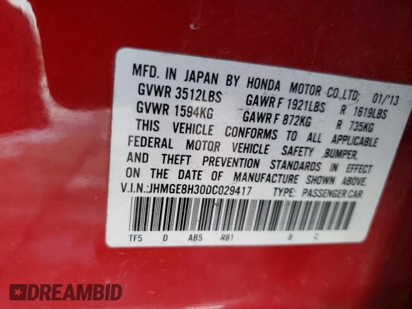 2013 Honda Fit with VIN JHMGE8H30DC029417, listed as a Copart auction lot 41635345 with 95,217 mi miles and Salvage Title. Bid and sale history available at carsss.com. Image 14.