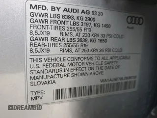 2020 Audi Q7 Premium with VIN WA1AJAF70LD008733, listed as a Copart auction lot 53377775 with 62,285 mi miles and Salvage title. Bid and sale history available at DreamBid. Image 15.
