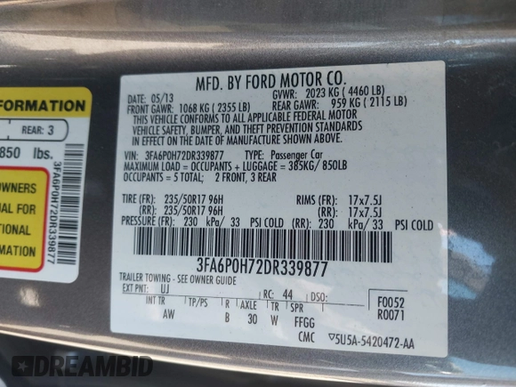 2013 Ford Fusion SE with VIN 3FA6P0H72DR339877, listed as a IAAI auction lot 41972171 with 94,300 mi miles. Bid and sale history available at carsss.com. Image 9.