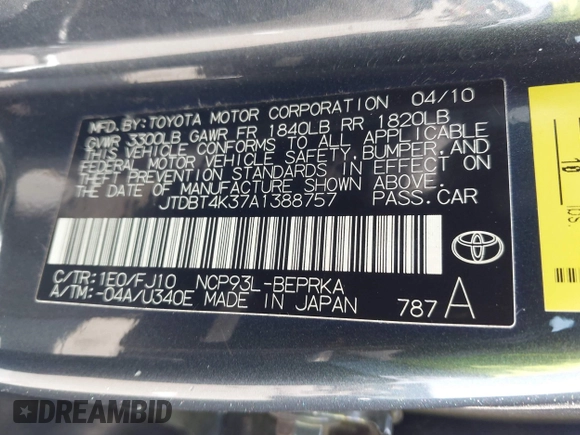 2010 Toyota Yaris z VIN JTDBT4K37A1388757, wystawiony jako IAAI lot #42137640 z przebiegiem 97 079 mil mil oraz . Historia ofert i sprzedaży dostępna na DreamBid. Obrazek 9.