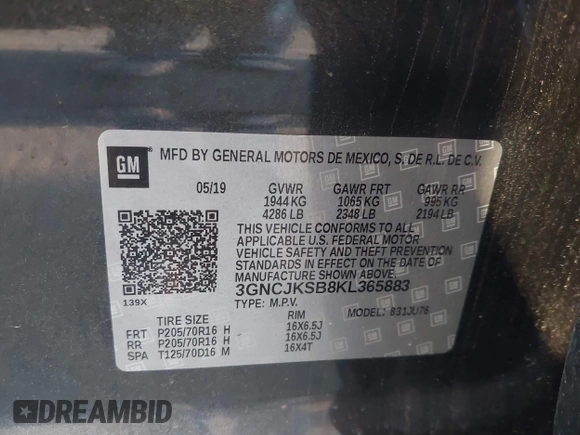2019 Chevrolet Trax LS with VIN 3GNCJKSB8KL365883, listed as a IAAI auction lot 42010924 with Not Provided miles. Bid and sale history available at carsss.com. Image 9.