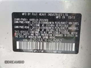 2014 Subaru Forester 2.5i with VIN JF2SJAACXEH425952, listed as a IAAI auction lot 41961385 with 96,363 mi miles. Bid and sale history available at carsss.com. Image 9.