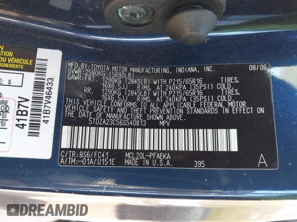 2006 Toyota Sienna CE with VIN 5TDZA23C56S540813, listed as a IAAI auction lot 42064424 with 190,936 mi miles and . Bid and sale history available at DreamBid. Image 9.