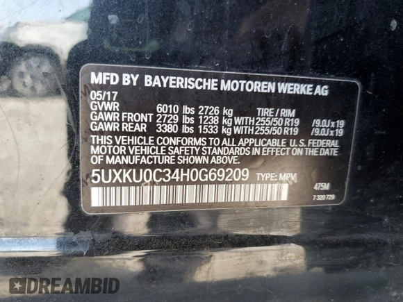 2017 BMW X6 sDrive35i with VIN 5UXKU0C34H0G69209, listed as a Copart auction lot 53488385 with 112,083 mi miles and Clean Title. Bid and sale history available at DreamBid. Image 13.