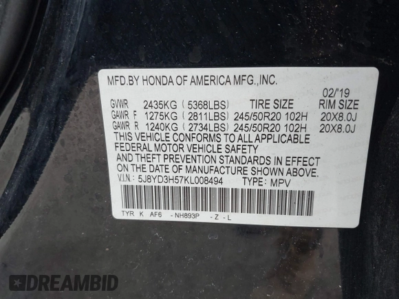 2019 Acura MDX Technology с VIN 5J8YD3H57KL008494, выставлен на аукционе IAAI как лот 42625438 с пробегом 154 753 миль миль и . История ставок и продаж доступна на DreamBid. Изображение 9.