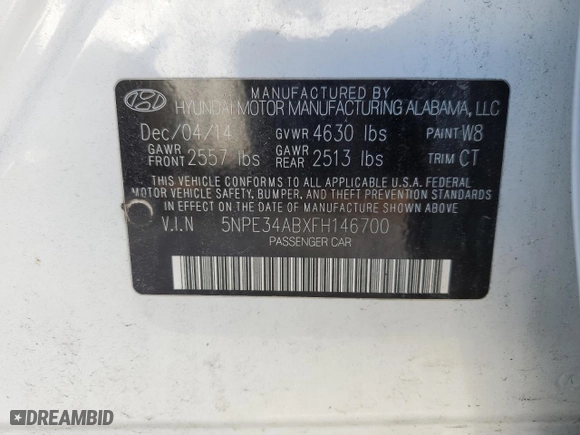 2015 Hyundai Sonata 2.0T Limited with VIN 5NPE34ABXFH146700, listed as a Copart auction lot 46235005 with 176,886 mi miles and Salvage Title. Bid and sale history available at carsss.com. Image 13.