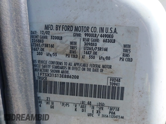 2003 Ford F-350 XL with VIN 1FTSX31S13EB86208, listed as a IAAI auction lot 41940182 with 210,042 mi miles and . Bid and sale history available at DreamBid. Image 9.