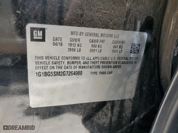 2016 Chevrolet Cruze Premier with VIN 1G1BG5SM2G7264980, listed as a Copart auction lot 52756925 with 152,155 mi miles and Salvage Title. Bid and sale history available at carsss.com. Image 13.