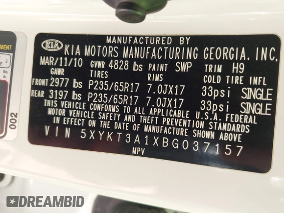 2011 Kia Sorento LX with VIN 5XYKT3A1XBG037157, listed as a IAAI auction lot 42041481 with 196,151 mi miles and . Bid and sale history available at DreamBid. Image 9.