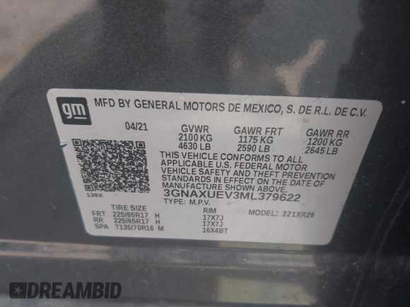 2021 Chevrolet Equinox LT with VIN 3GNAXUEV3ML379622, listed as a IAAI auction lot 42494950 with 73,382 mi miles and . Bid and sale history available at DreamBid. Image 9.