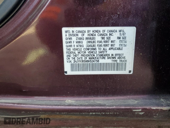 2008 Honda Ridgeline RTL with VIN 2HJYK16598H524756, listed as a Copart auction lot 52727235 with Not provided miles and Salvage title. Bid and sale history available at DreamBid. Image 12.