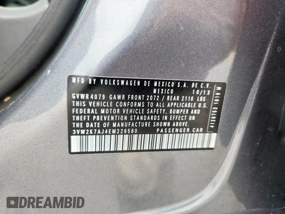 2014 Volkswagen Jetta S with VIN 3VW2K7AJ4EM226580, listed as a Copart auction lot 58539055 with 138,927 mi miles and Salvage title. Bid and sale history available at DreamBid. Image 12.