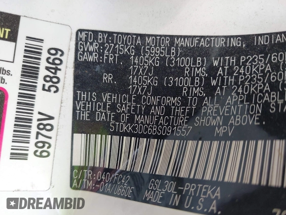 2011 Toyota Sienna LE AAS with VIN 5TDKK3DC6BS091557, listed as a IAAI auction lot 42170157 with 398,019 mi miles and . Bid and sale history available at DreamBid. Image 9.