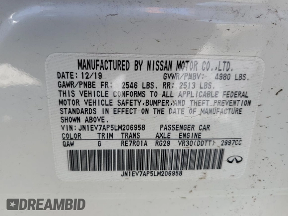 2020 Infiniti Q50 Luxe with VIN JN1EV7AP5LM206958, listed as a Copart auction lot 47239285 with 23,283 mi miles and Salvage title. Bid and sale history available at DreamBid. Image 12.