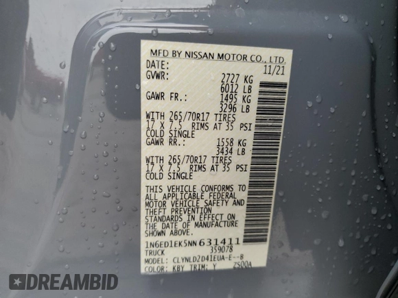 2022 Nissan Frontier SV z VIN 1N6ED1EK5NN631411, wystawiony jako Copart lot #57287645 z przebiegiem 25 027 mil mil oraz Szkoda całkowita • Salvage title. Historia ofert i sprzedaży dostępna na DreamBid. Obrazek 13.