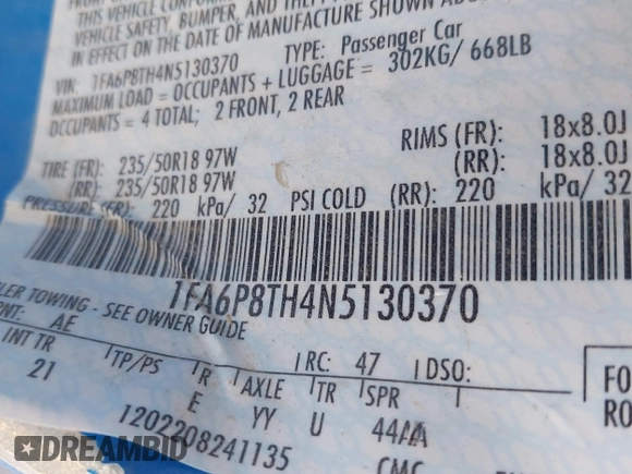 2022 Ford Mustang EcoBoost with VIN 1FA6P8TH4N5130370, listed as a IAAI auction lot 41775620 with 34,130 mi miles and . Bid and sale history available at DreamBid. Image 9.