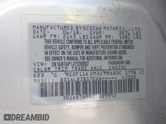 2018 Nissan Sentra S with VIN 3N1AB7AP1JY339993, listed as a IAAI auction lot 42271336 with 50,477 mi miles and . Bid and sale history available at DreamBid. Image 9.