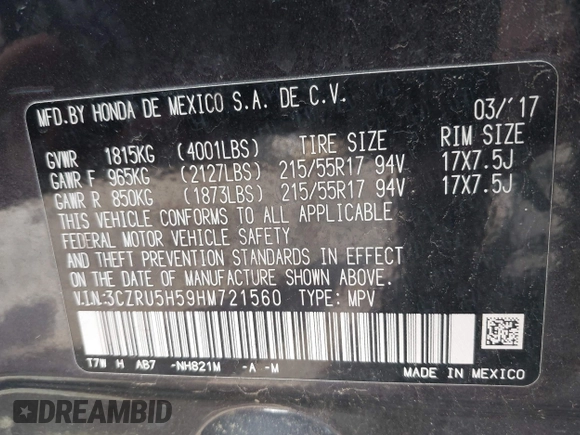 2017 Honda HR-V EX with VIN 3CZRU5H59HM721560, listed as a IAAI auction lot 42055815 with 30,749 mi miles and . Bid and sale history available at carsss.com. Image 9.