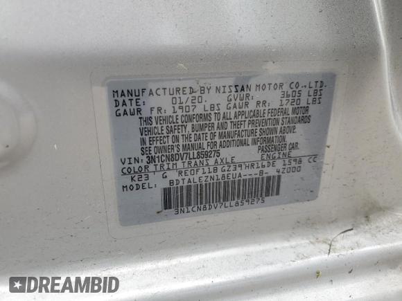 2020 Nissan Versa S with VIN 3N1CN8DV7LL859275, listed as a Copart auction lot 54164475 with Not provided miles and Salvage title. Bid and sale history available at DreamBid. Image 12.