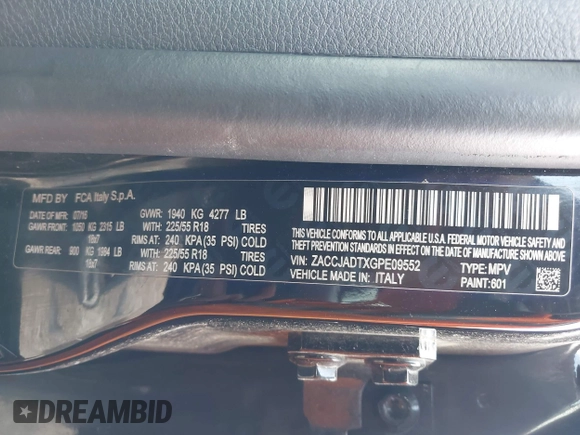 2016 Jeep Renegade Limited with VIN ZACCJADTXGPE09552, listed as a IAAI auction lot 42445660 with 125,004 mi miles and . Bid and sale history available at DreamBid. Image 9.
