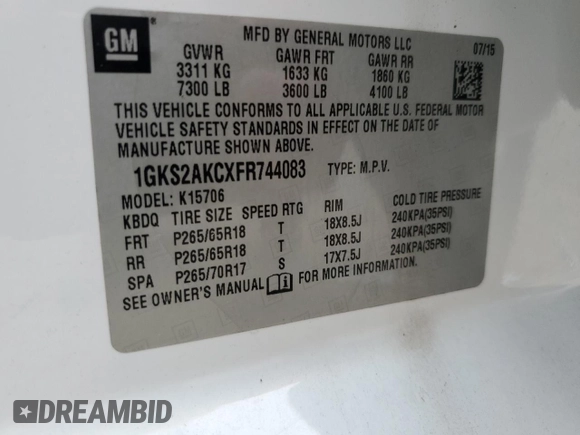 2015 GMC Yukon SLE with VIN 1GKS2AKCXFR744083, listed as a Copart auction lot 82003234 with 150,926 mi miles and Salvage Title. Bid and sale history available at carsss.com. Image 14.