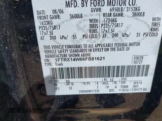 2006 Ford F-150 STX with VIN 1FTRX14W66FB81621, listed as a IAAI auction lot 42738300 with 222,161 mi miles and . Bid and sale history available at DreamBid. Image 9.