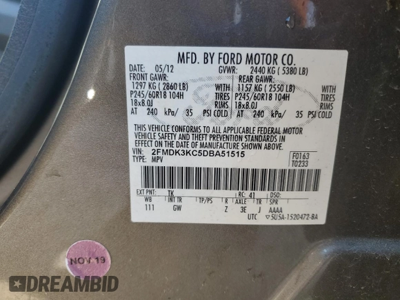 2013 Ford Edge Limited with VIN 2FMDK3KC5DBA51515, listed as a Copart auction lot 53393325 with 99,417 mi miles and Clean Title. Bid and sale history available at carsss.com. Image 14.