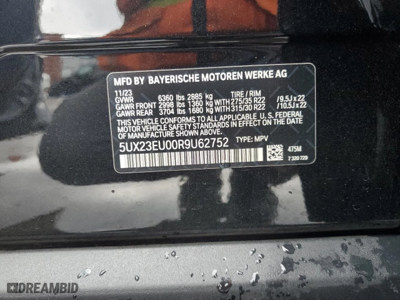 2024 BMW X5 xDrive40i with VIN 5UX23EU00R9U62752, listed as a Copart auction lot 85104184 with 23,547 mi miles and Salvage Title. Bid and sale history available at carsss.com. Image 15.