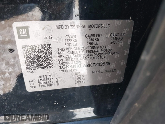 2019 GMC Acadia SLE with VIN 1GKKNKLA2KZ233536, listed as a IAAI auction lot 41964074 with 30,449 mi miles. Bid and sale history available at carsss.com. Image 9.