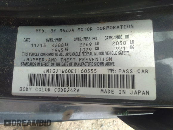 2014 Mazda 6 i Grand Touring with VIN JM1GJ1W60E1160555, listed as a IAAI auction lot 41785387 with Not Provided miles. Bid and sale history available at carsss.com. Image 9.