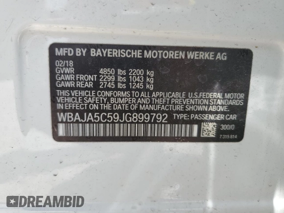 2018 BMW 5 Series 530i with VIN WBAJA5C59JG899792, listed as a Copart auction lot 56603125 with 79,858 mi miles and Salvage title. Bid and sale history available at DreamBid. Image 12.
