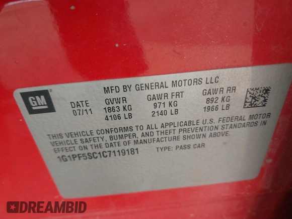 2012 Chevrolet Cruze 1LT with VIN 1G1PF5SC1C7119181, listed as a IAAI auction lot 42039904 with 153,972 mi miles and . Bid and sale history available at DreamBid. Image 9.