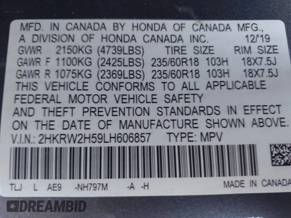 2020 Honda CR-V EX with VIN 2HKRW2H59LH606857, listed as a IAAI auction lot 41617011 with 68,850 mi miles. Bid and sale history available at carsss.com. Image 9.