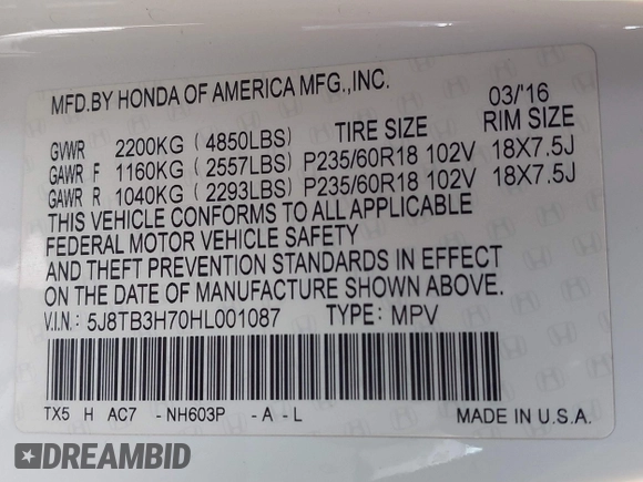 2017 Acura RDX Advance with VIN 5J8TB3H70HL001087, listed as a IAAI auction lot 41799341 with 125,205 mi miles and . Bid and sale history available at DreamBid. Image 9.