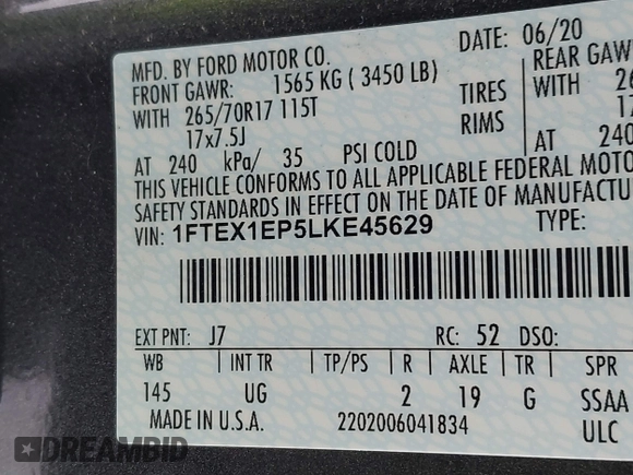 2020 Ford F-150 XL with VIN 1FTEX1EP5LKE45629, listed as a IAAI auction lot 41573611 with 90,664 mi miles. Bid and sale history available at carsss.com. Image 9.