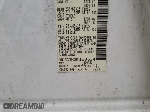 2017 Nissan Murano SL z VIN 5N1AZ2MHXHN199624, wystawiony jako Copart lot #54608845 z przebiegiem 91 893 mil mil oraz Szkoda całkowita • Salvage title. Historia ofert i sprzedaży dostępna na DreamBid. Obrazek 13.
