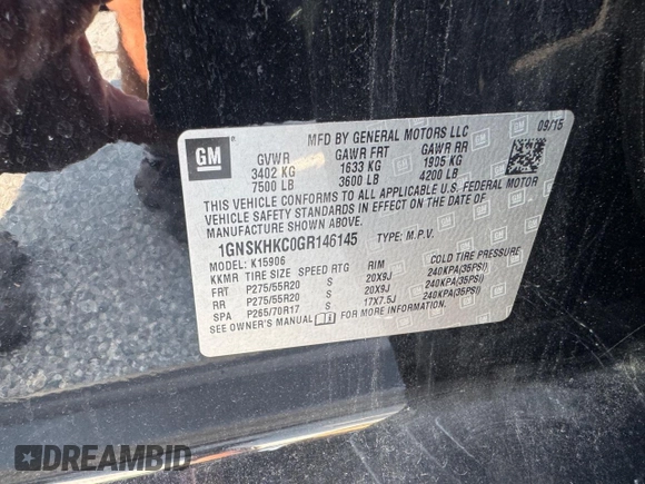 2016 Chevrolet Suburban LT with VIN 1GNSKHKC0GR14614, listed as a Copart auction lot 65295535 with 215,675 mi miles and Clean title. Bid and sale history available at DreamBid. Image 10.