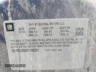 2014 Chevrolet Cruze 1LT with VIN 1G1PC5SB3E7430291, listed as a IAAI auction lot 42053823 with 105,443 mi miles and . Bid and sale history available at DreamBid. Image 9.