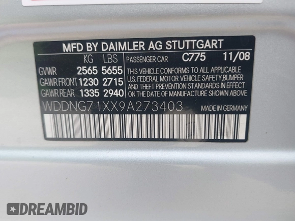 2009 Mercedes-Benz S-Class 5.5L V8 with VIN WDDNG71XX9A273403, listed as a IAAI auction lot 41540086 with 142,140 mi miles. Bid and sale history available at carsss.com. Image 9.