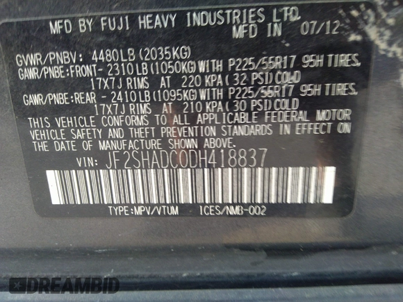 2013 Subaru Forester X Premium with VIN JF2SHADC0DH418837, listed as a IAAI auction lot 42459025 with 167,429 mi miles and . Bid and sale history available at DreamBid. Image 9.