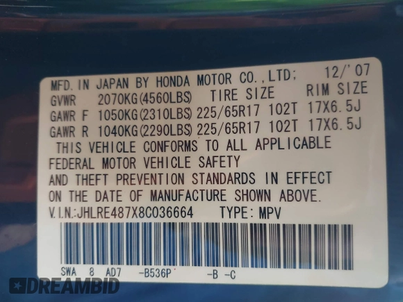 2008 Honda CR-V EX-L with VIN JHLRE487X8C036664, listed as a IAAI auction lot 41949100 with 175,620 mi miles. Bid and sale history available at carsss.com. Image 9.